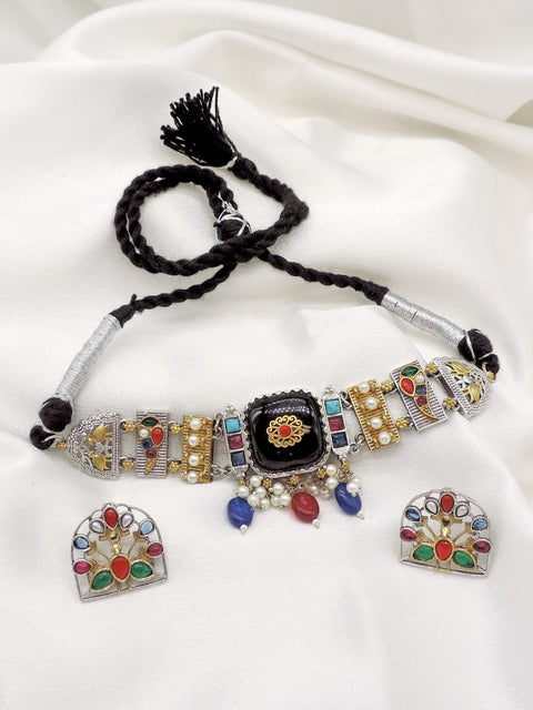 Oxidized dual-tone multicolor stone pearl choker set with matching earrings by joyrias