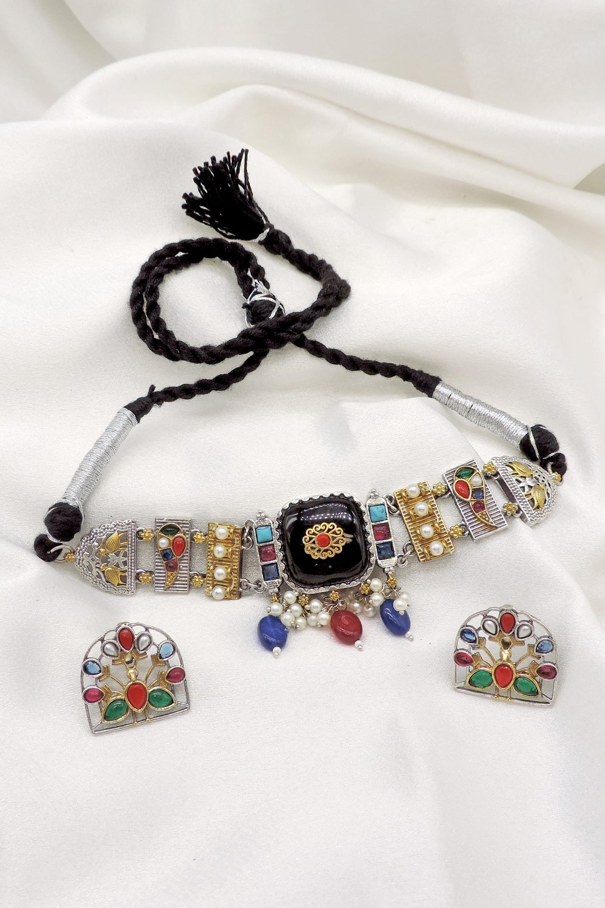 Oxidized dual-tone multicolor stone pearl choker set with matching earrings by joyrias