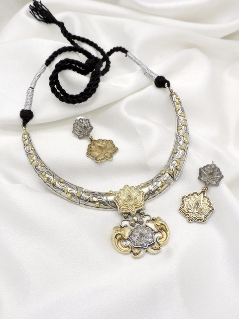 Oxidized dual-tone lotus floral necklace set with matching earrings by joyrias