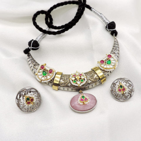 Oxidized dual-tone multicolor Hasli necklace set with colorful stones, pearl detailing and matching earrings by joyrias