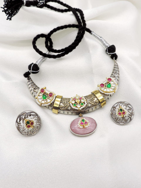 Oxidized dual-tone multicolor Hasli necklace set with colorful stones, pearl detailing and matching earrings by joyrias