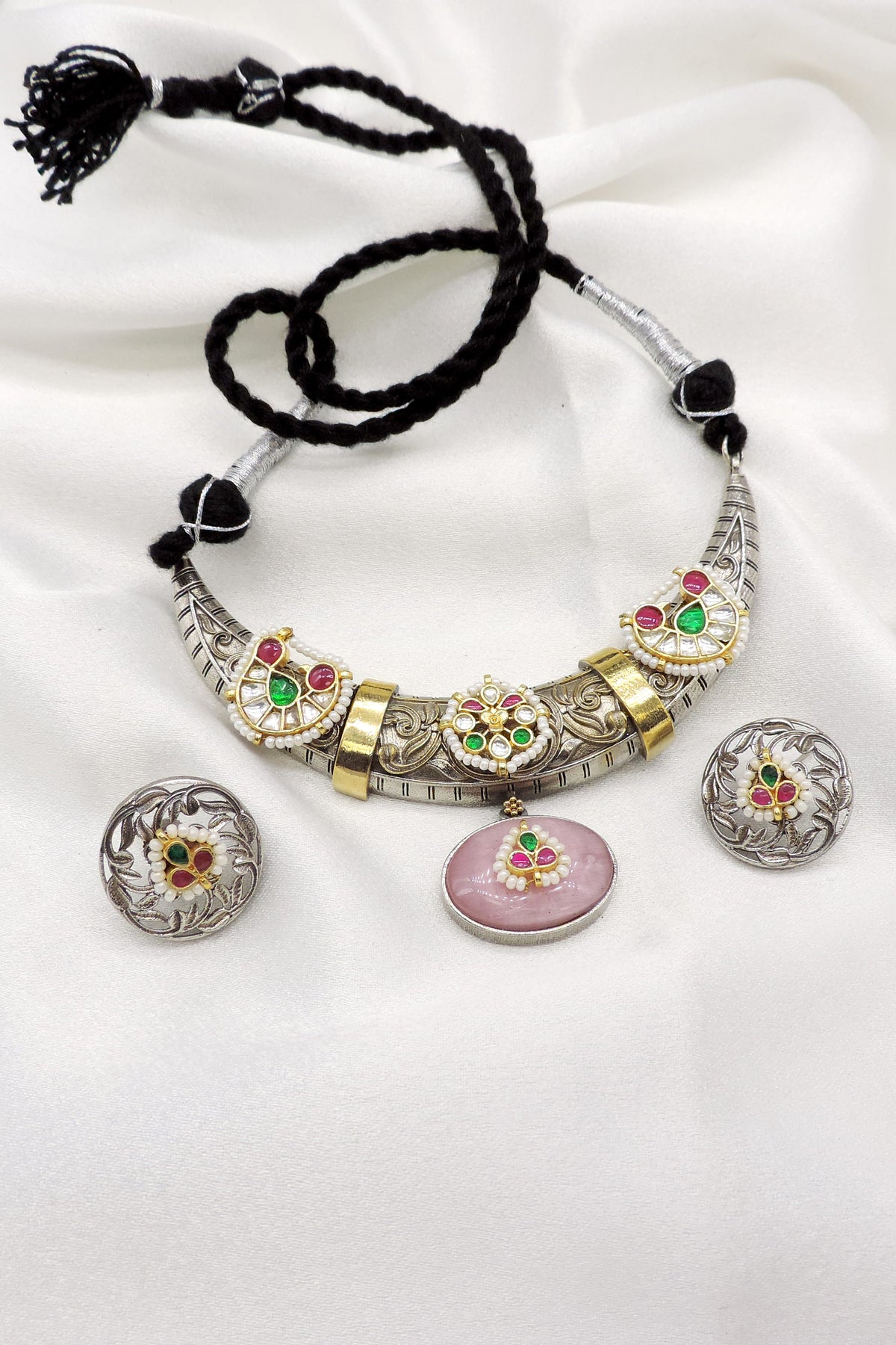 Oxidized dual-tone multicolor Hasli necklace set with colorful stones, pearl detailing and matching earrings by joyrias