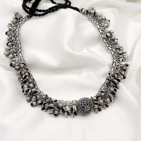 Oxidized silver ghungroo coin necklace with engraved centerpiece by joyrias