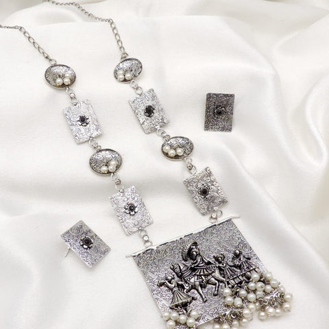 Oxidized silver Krishna Radha pearl necklace set with matching earrings by joyrias