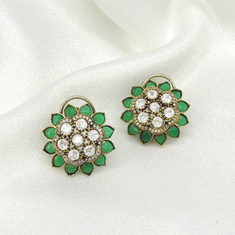 Emerald Floral Polki Stud Earrings by Joyrias