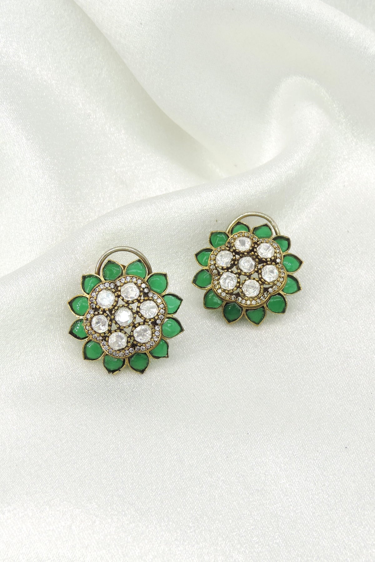 Emerald Floral Polki Stud Earrings by Joyrias