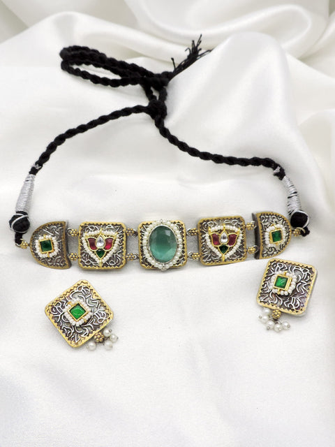 Oxidized dual-tone green stone pearl necklace set with matching earrings by joyrias