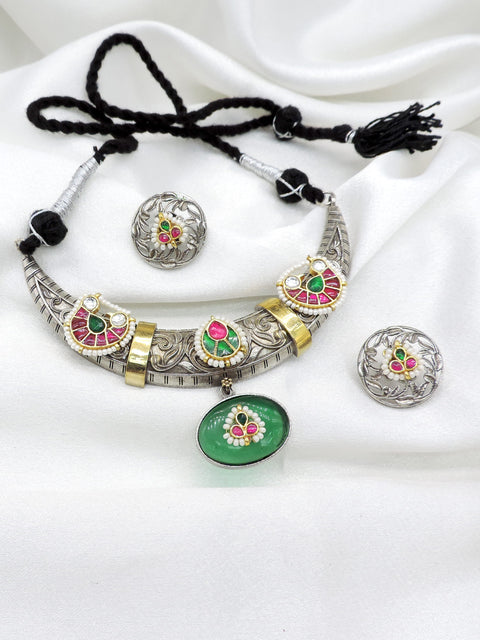 Oxidized Dual-Tone Multicolor Hasli Necklace Set