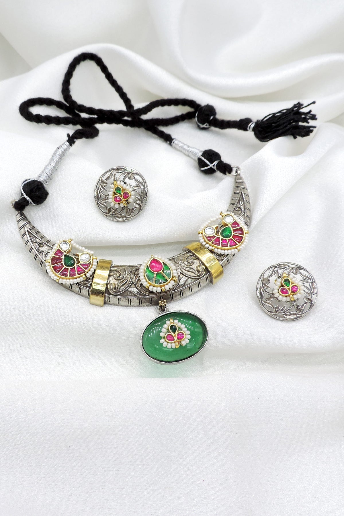 Oxidized Dual-Tone Multicolor Hasli Necklace Set