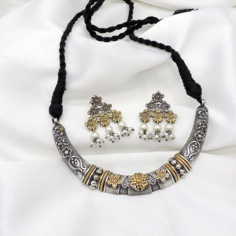 Oxidized dual-tone floral pearl collar necklace set with matching flower earrings by joyrias