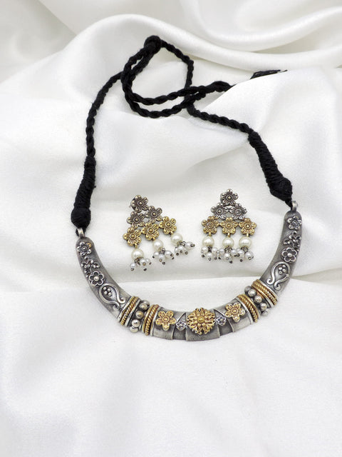 Oxidized dual-tone floral pearl collar necklace set with matching flower earrings by joyrias
