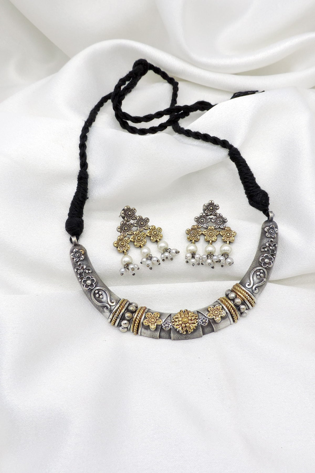 Oxidized dual-tone floral pearl collar necklace set with matching flower earrings by joyrias