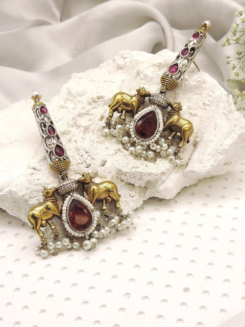 Dual tone Nandi motif red stone oxidized earrings – Indian ethnic earrings USA – Joyrias