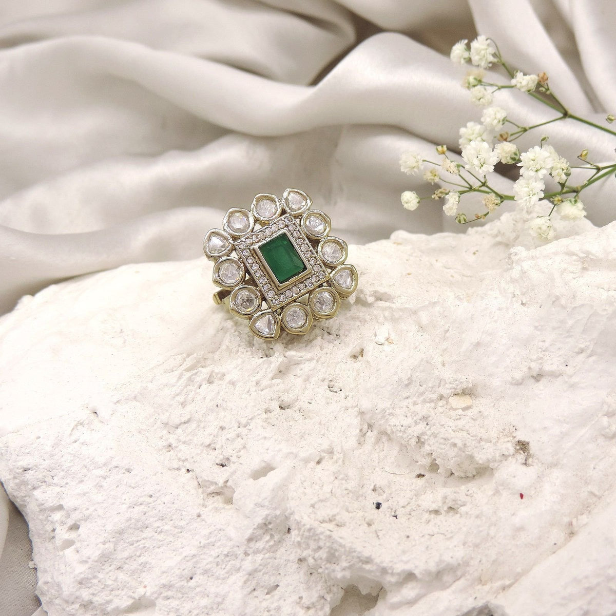 Square green Kundan AD halo ring – Indian American diamond ring for women USA – Joyrias