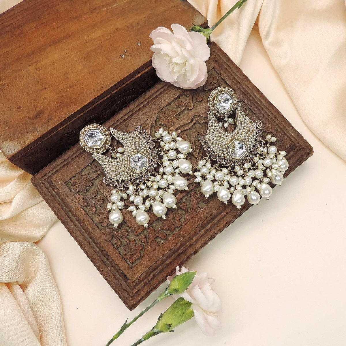 Gold plated Kundan chandbali earrings with pearls – Indian bridal and festive jewelry USA – Joyrias