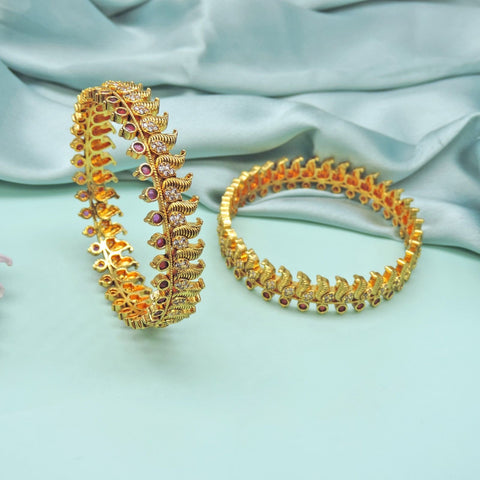 Traditional gold plated peacock design bangles with ruby and AD stones – Indian bridal bangles USA – Joyrias