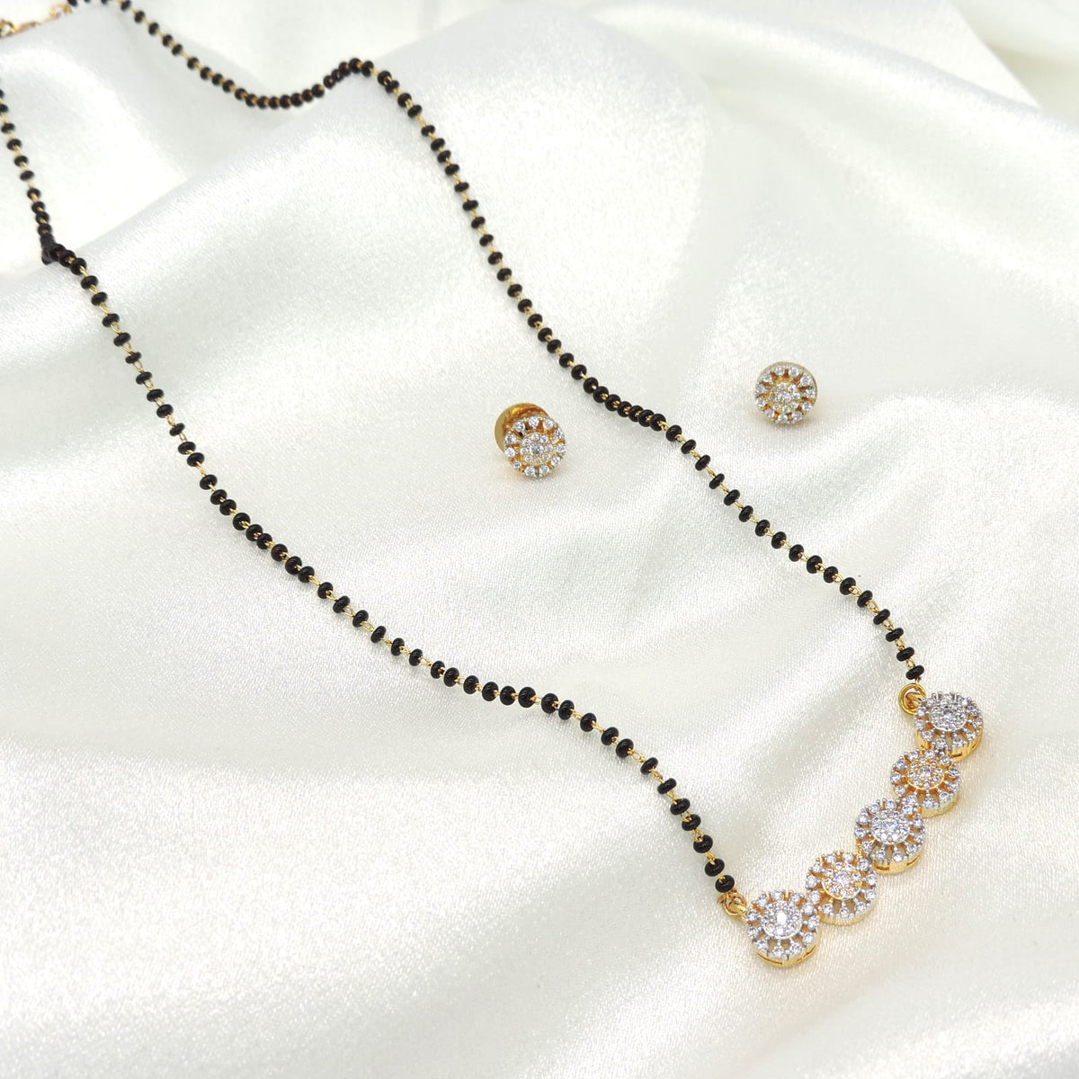 Modern CZ Mangalsutra Set with Stud Earrings in Gold Finish