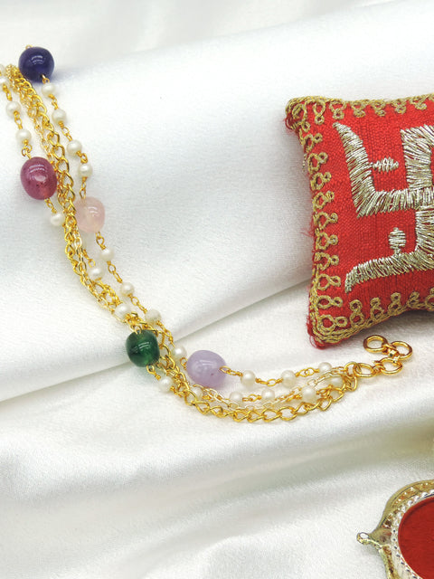 Multicolor Natural Stone & Pearl Rakhi Bracelet