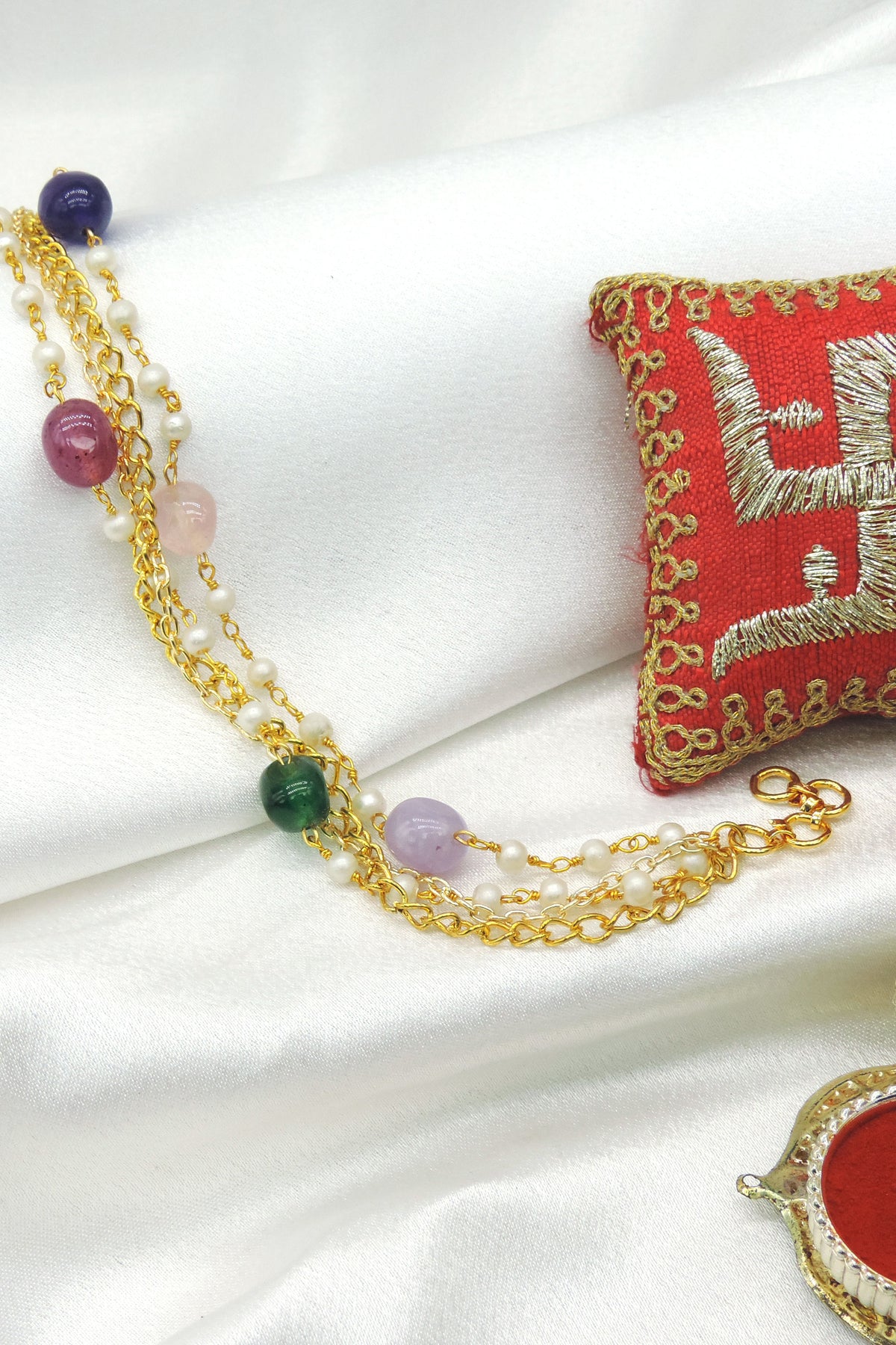 Multicolor Natural Stone & Pearl Rakhi Bracelet