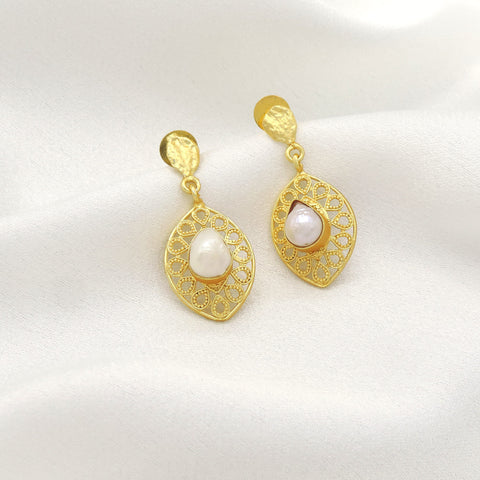 Pearl Filigree Drop Earrings | Gold-Plated Statement Earrings | Joyrias