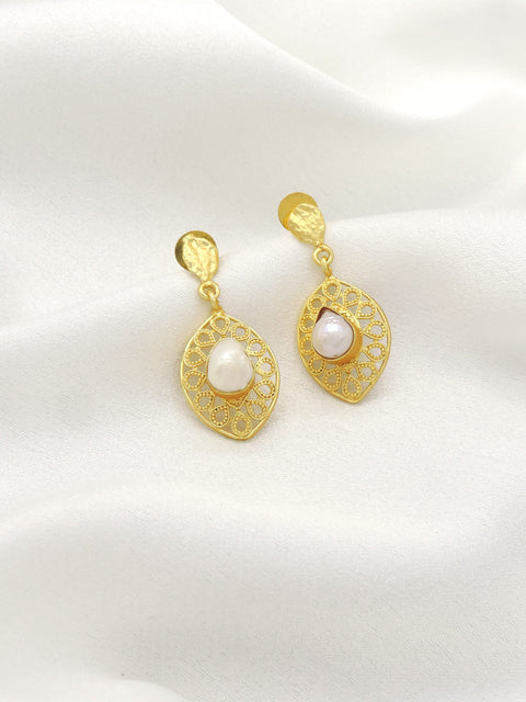 Pearl Filigree Drop Earrings | Gold-Plated Statement Earrings | Joyrias