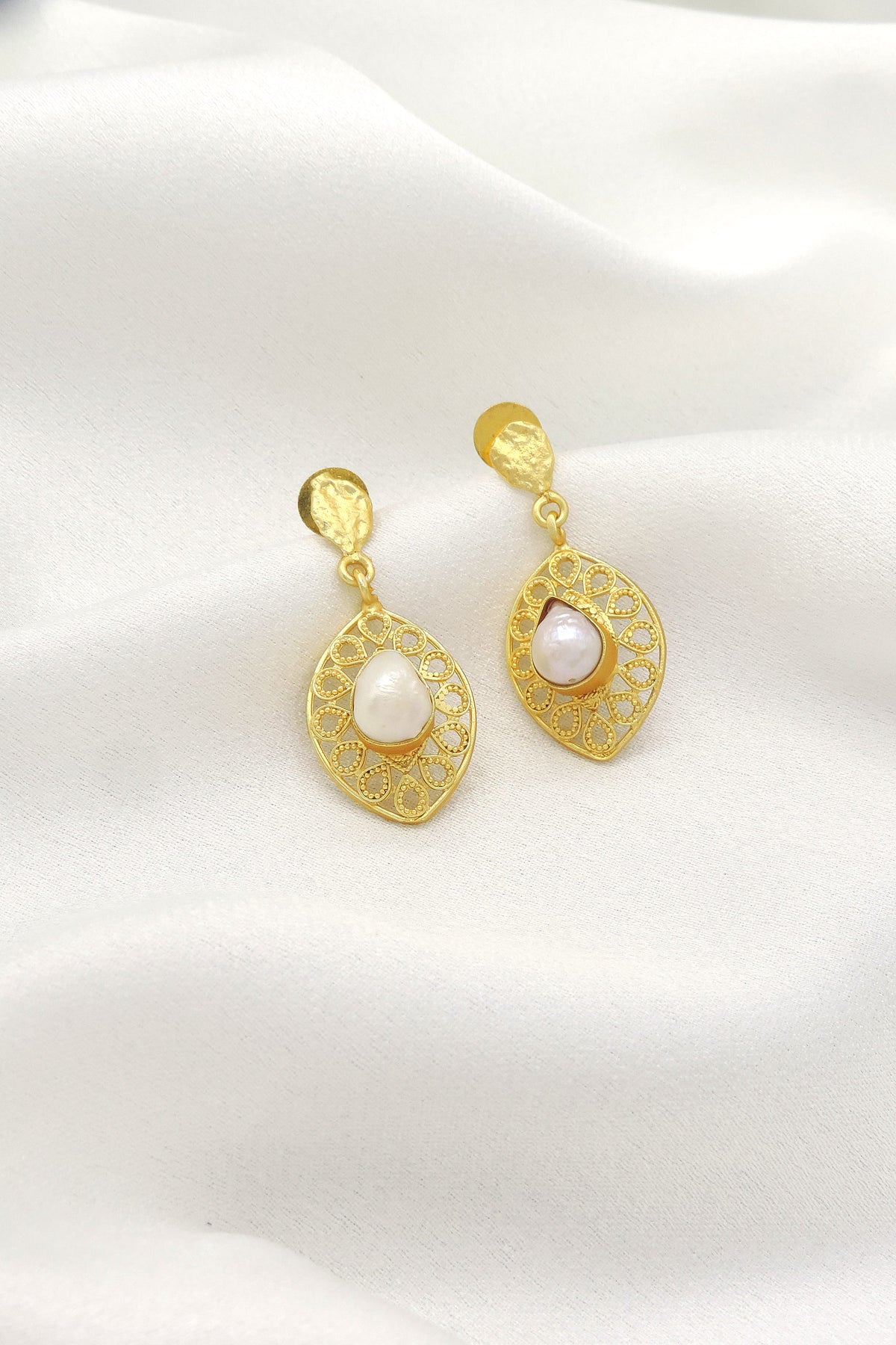 Pearl Filigree Drop Earrings | Gold-Plated Statement Earrings | Joyrias