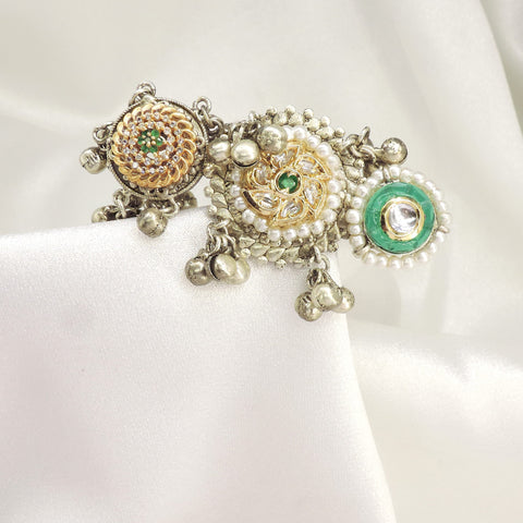 Dual Tone Pearl Ghungroo Three Finger Ring by Joyrias