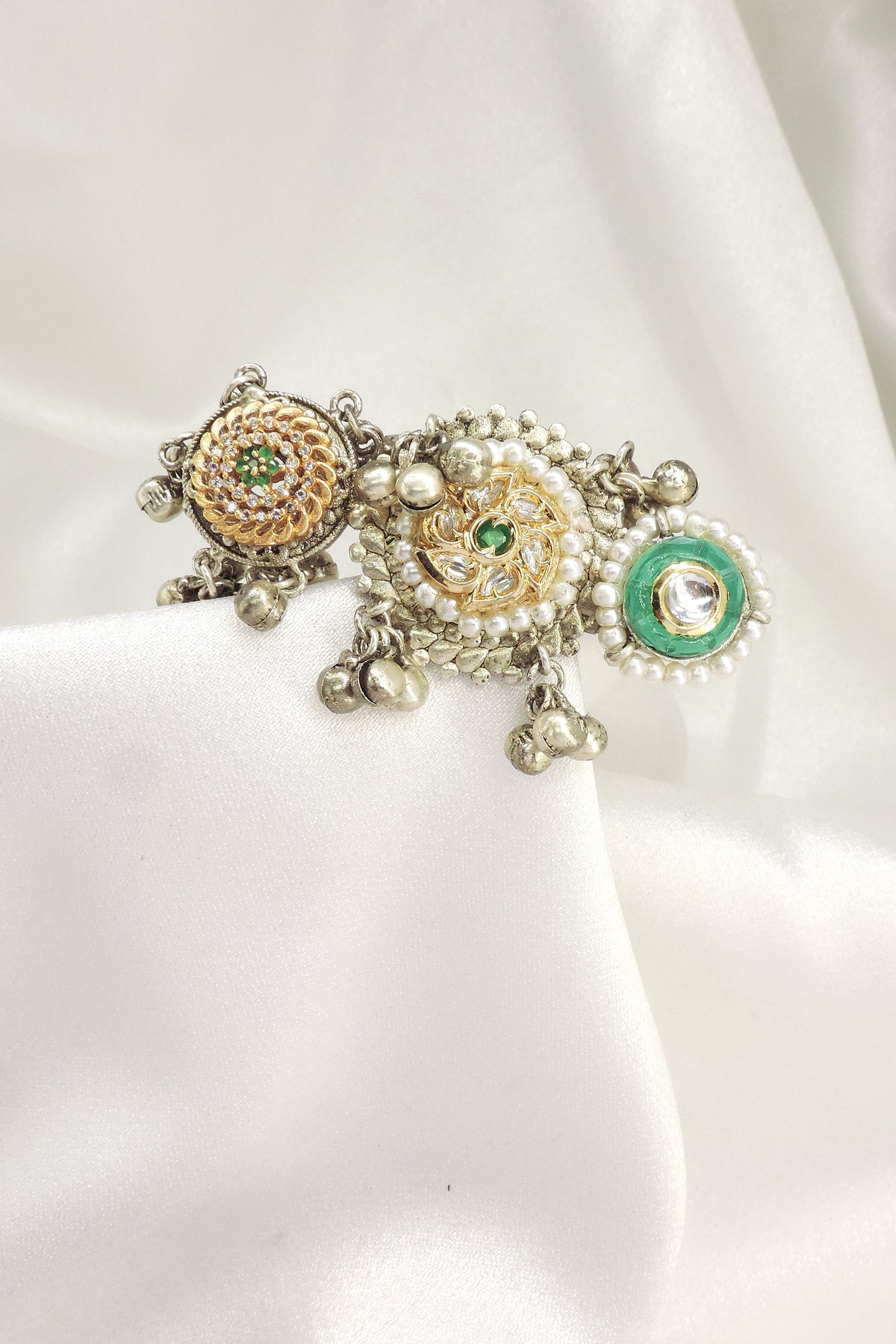 Dual Tone Pearl Ghungroo Three Finger Ring by Joyrias