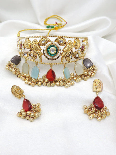 Gold-toned peacock stone pearl choker set with matching earrings by Joyrias