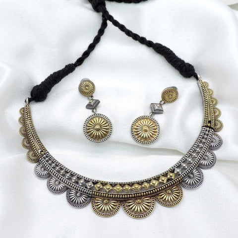 Oxidized dual-tone floral choker set with matching earrings by joyrias