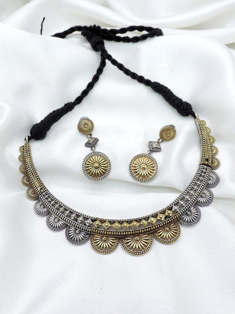 Oxidized dual-tone floral choker set with matching earrings by joyrias
