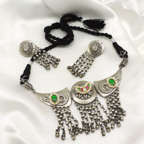 Heritage Oxidized Green Ghungroo Necklace Set by Joyrias