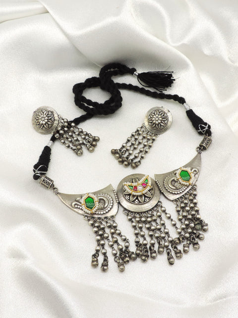 Heritage Oxidized Green Ghungroo Necklace Set by Joyrias