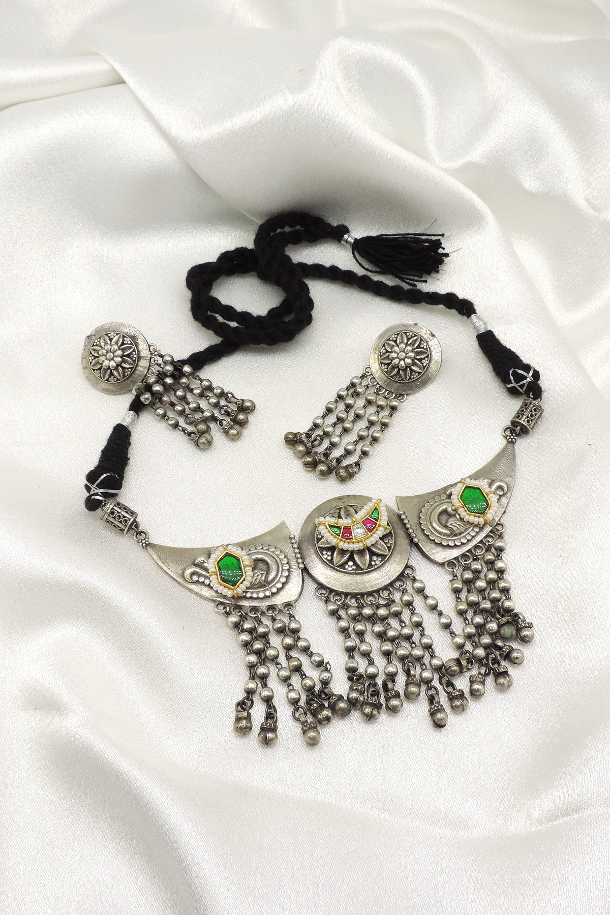 Heritage Oxidized Green Ghungroo Necklace Set by Joyrias