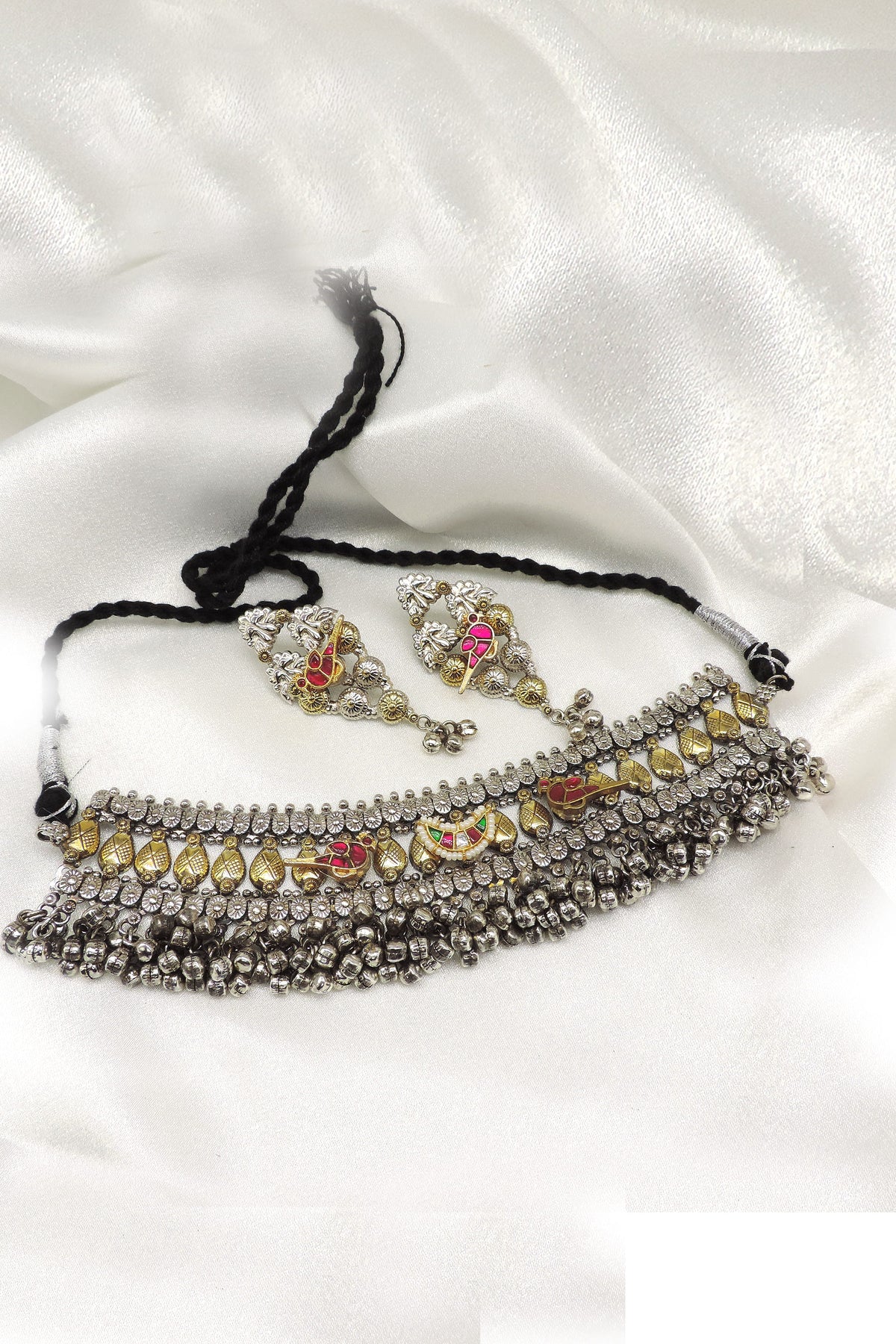 Musical Motif Dual Tone Oxidized Ghungroo Choker Set by Joyrias