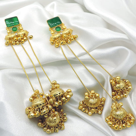 Green Stone Long Jhumka Earrings by Joyrias