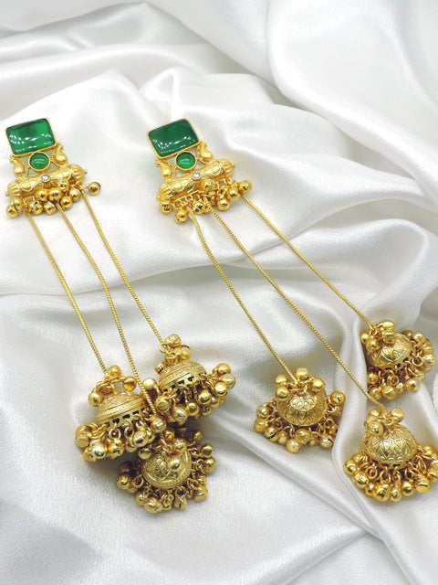 Green Stone Long Jhumka Earrings by Joyrias