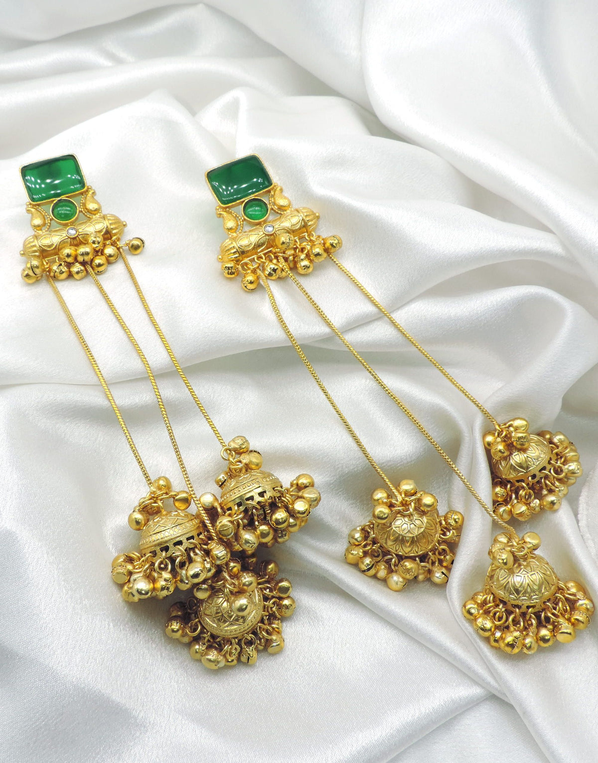 Green Stone Long Jhumka Earrings by Joyrias