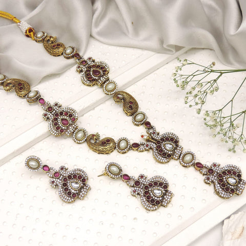 Antique ruby and pearl temple necklace set with earrings – South Indian bridal jewelry USA – Joyrias