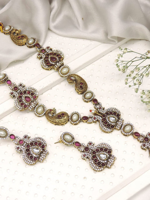 Antique ruby and pearl temple necklace set with earrings – South Indian bridal jewelry USA – Joyrias