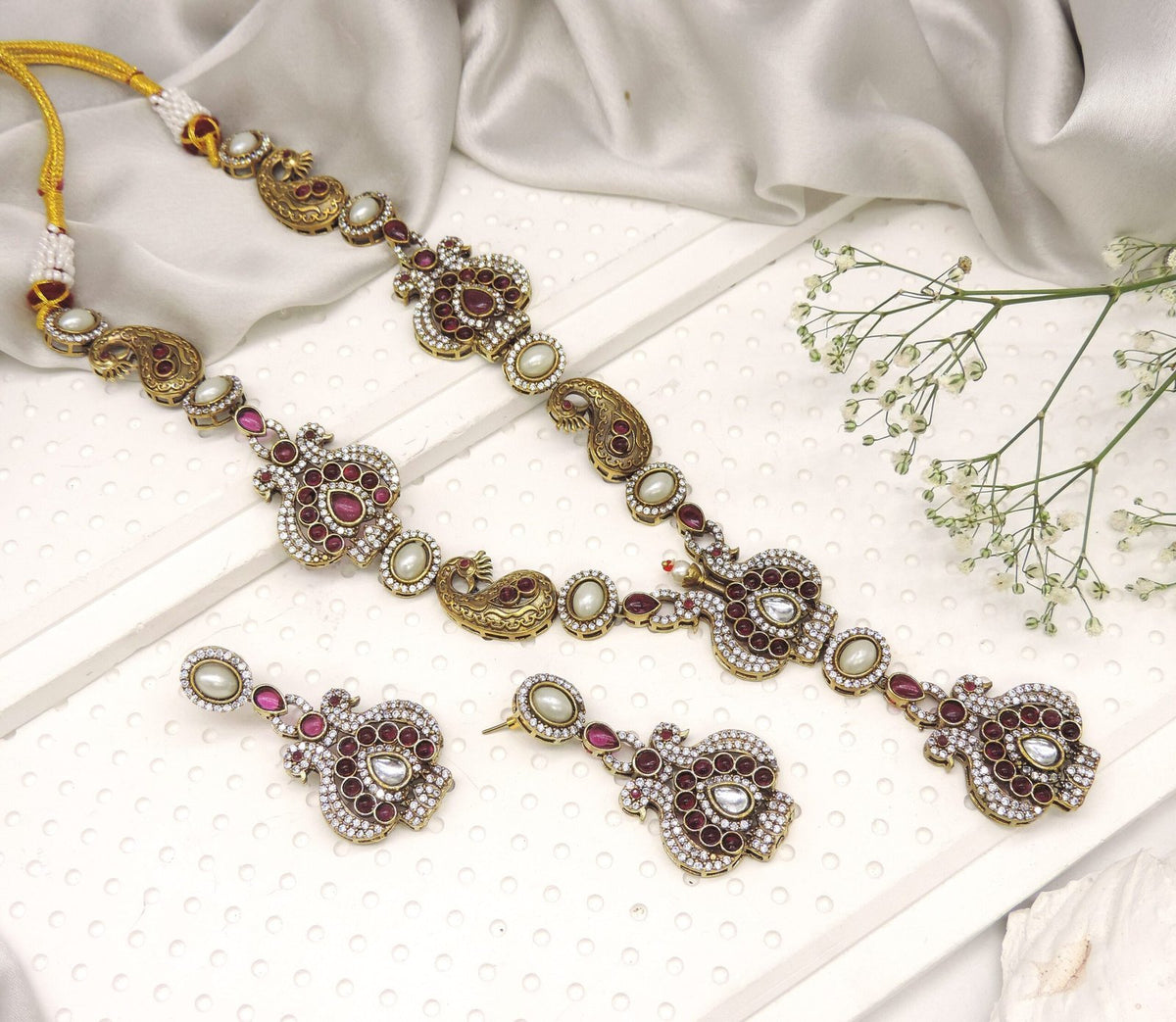 Antique ruby and pearl temple necklace set with earrings – South Indian bridal jewelry USA – Joyrias