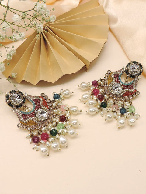 Gold plated multicolor Kundan chandbali earrings with pearls – Indian festive earrings USA – Joyrias