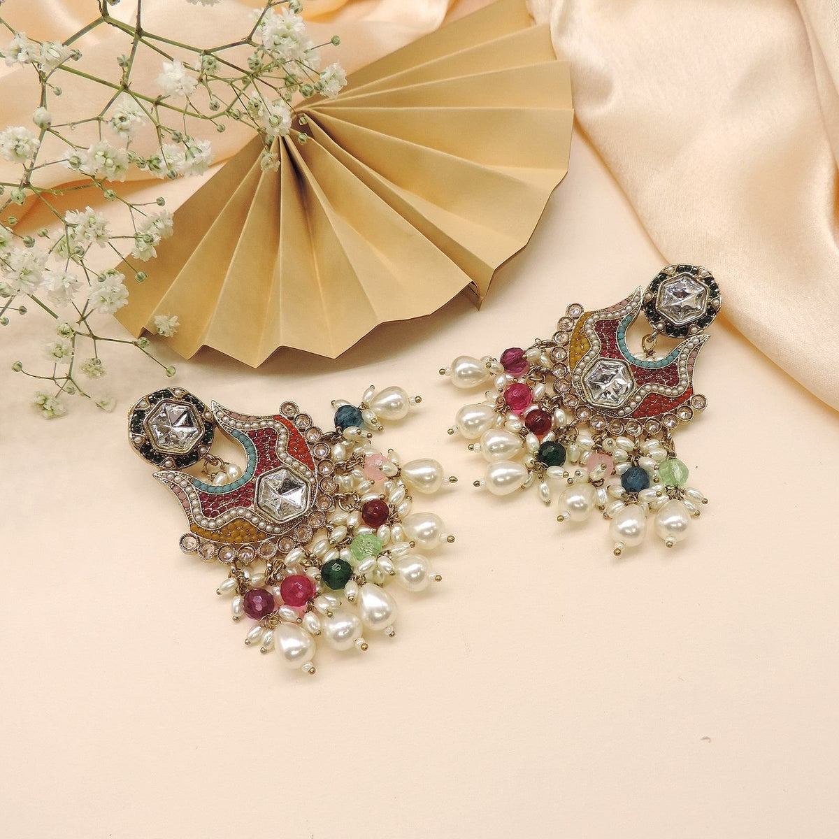 Gold plated multicolor Kundan chandbali earrings with pearls – Indian festive earrings USA – Joyrias