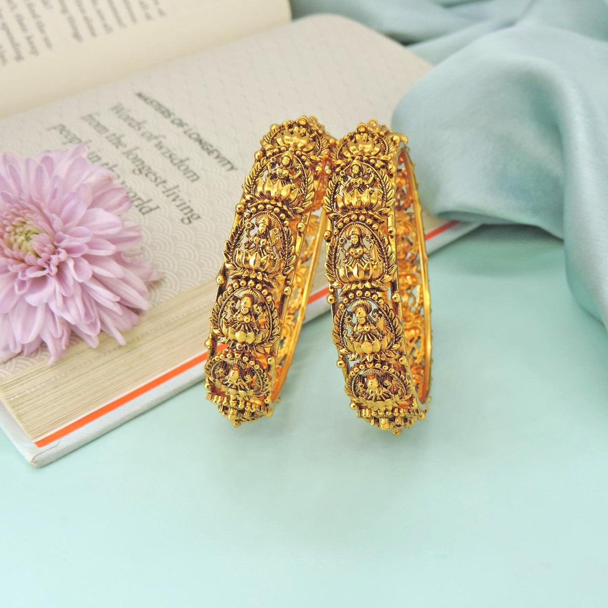 Antique Gold Temple Bangles with Goddess Lakshmi Design Image 0