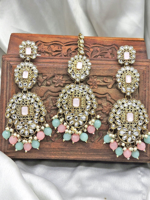 Gold tone Kundan maang tikka set in pink and mint green – Indian tikka USA – Joyrias