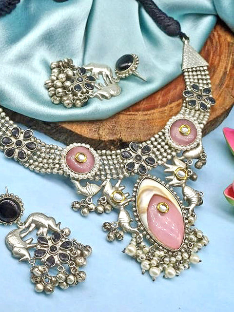 Silver lookalike necklace with pink stone – Indian ethnic necklace set for weddings – Joyrias