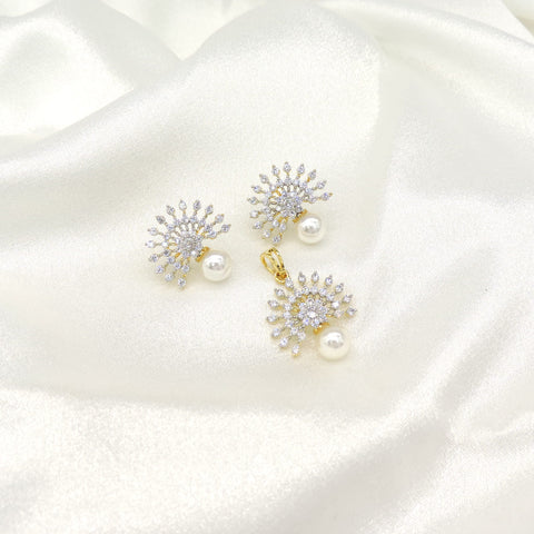 Pearl & CZ Sunburst Pendant Set in Gold Finish