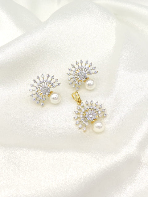 Pearl & CZ Sunburst Pendant Set in Gold Finish