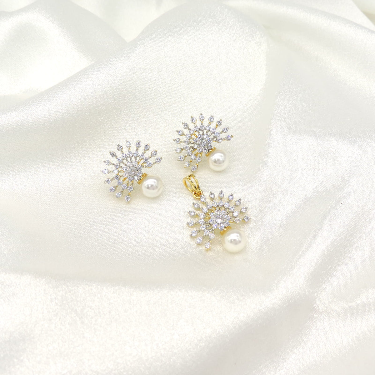Pearl & CZ Sunburst Pendant Set in Gold Finish