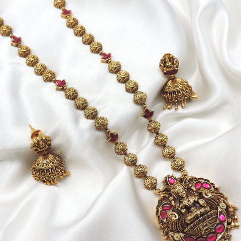 Temple Lakshmi pink stone long necklace set with matching jhumka earrings by joyrias